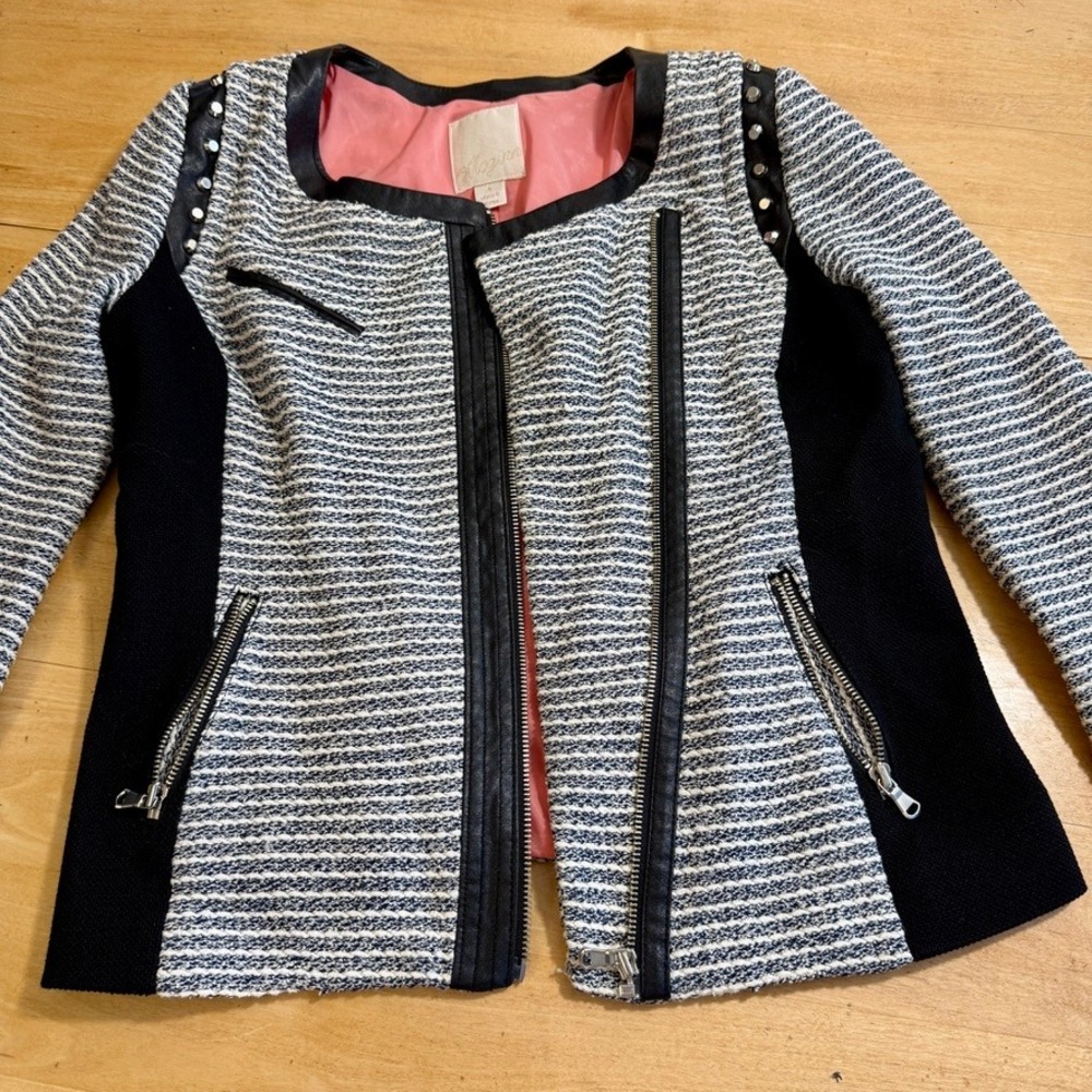 McGinn Andi Striped Studded Tweed Moto Blazer – Size Large – Style‎ ME1427J - Picture 11 of 12